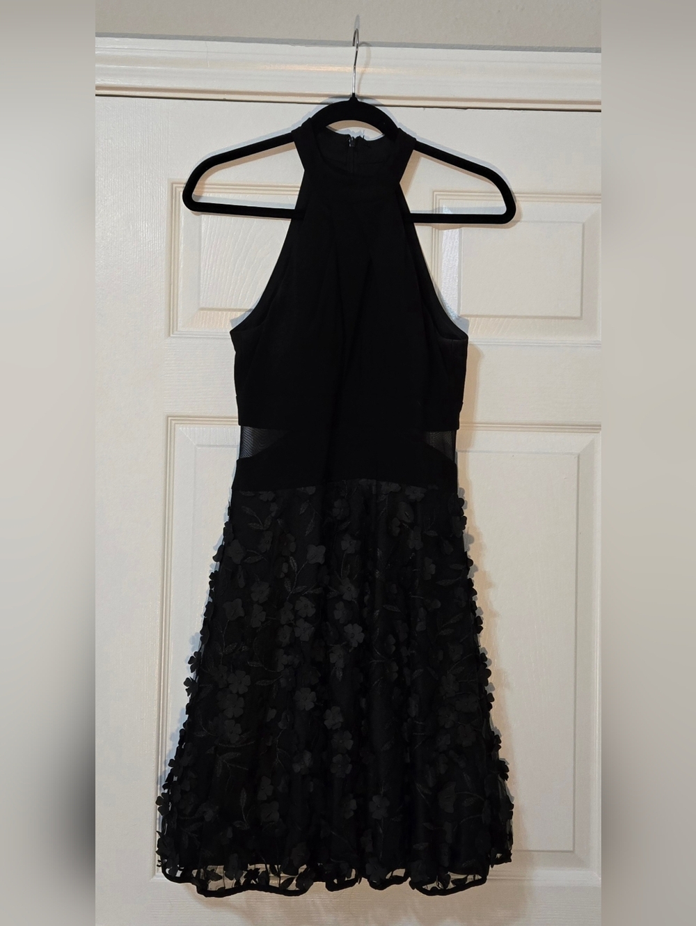 Xscape Black Halter Midi Dress with Floral Appliqué Skirt